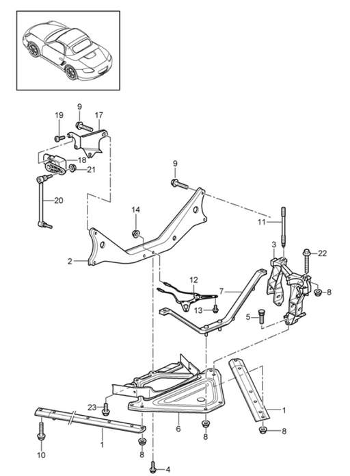 Porsche 987 Boxster/Cayman -  ophangingspoot (steun schroud) Origineel Porsche